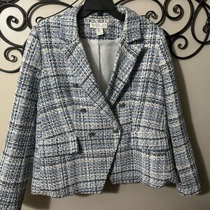 Rachel Zoe Blue & White Tweed Double-Breasted Blazer